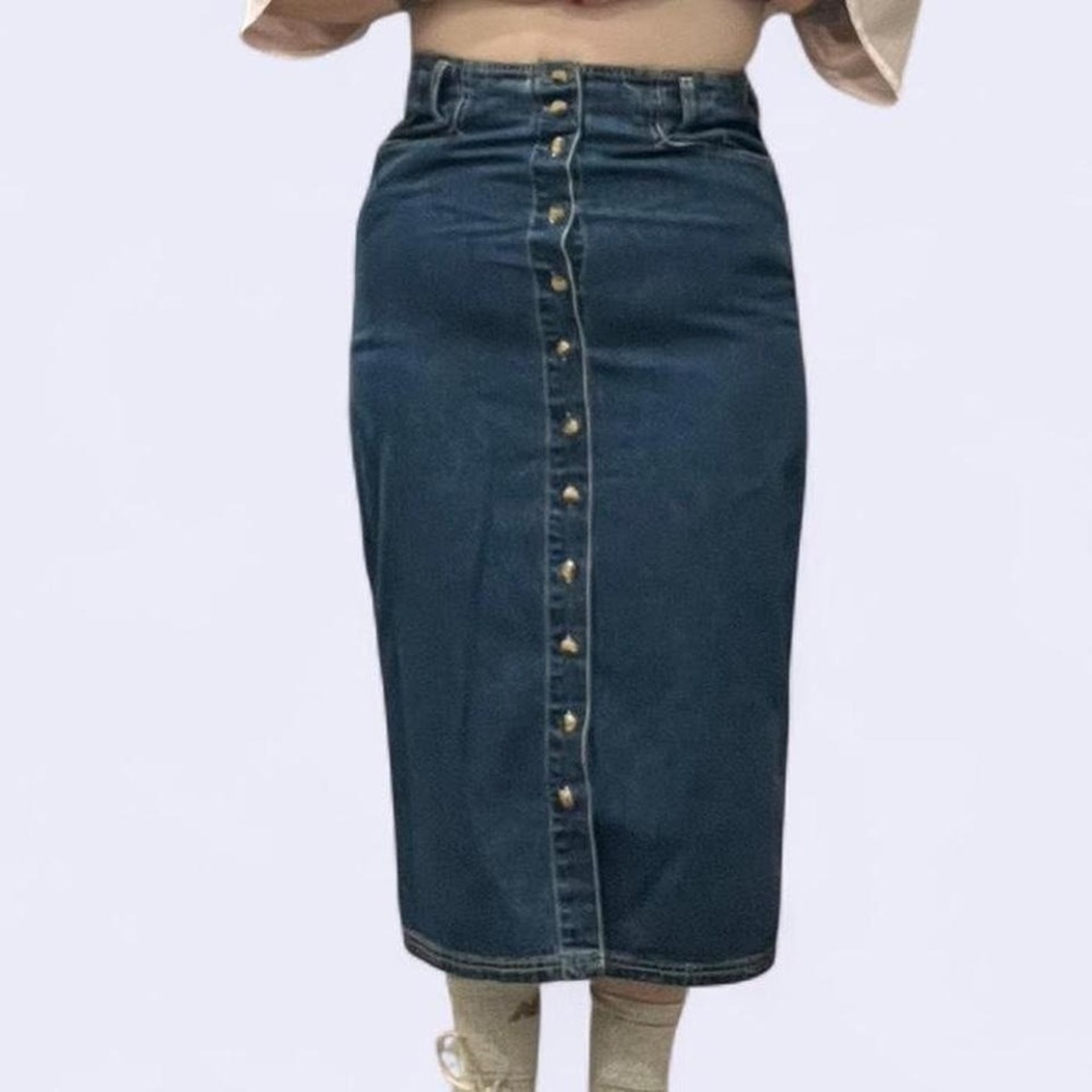 GV Blue Jeans Vintage Denim Midi Skirt Button Front Dark Wash Casual